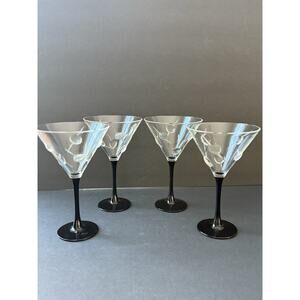 Cristal D'Arques Black Stem Embossed Olives Martini Glasses Set (4) MCM Art Deco